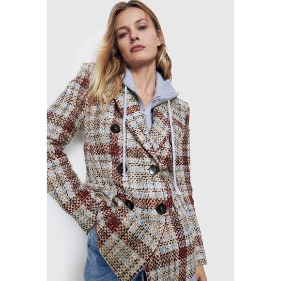 NWT Zara Blogger’s Favorite Textured Plaid Boucle Double Breasted Blazer, Small